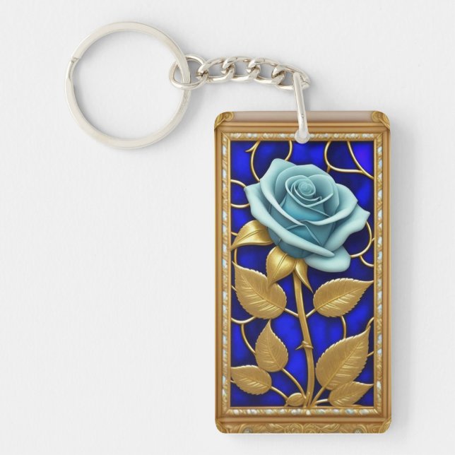 Blue Rose Design in Stained Glass Key Ring (Front)