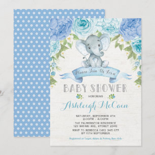Blue Rose Elephant Baby Shower Boy Jungle Invitation