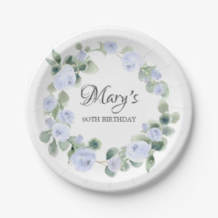 Blue Rose Eucalyptus 90TH Birthday Paper Plate