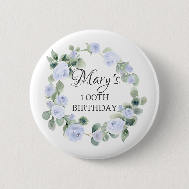 Blue Rose Eucalyptus Botanical 100TH Birthday  6 Cm Round Badge (Front)