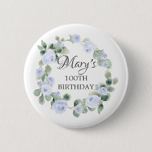 Blue Rose Eucalyptus Botanical 100TH Birthday 6 Cm Round Badge
