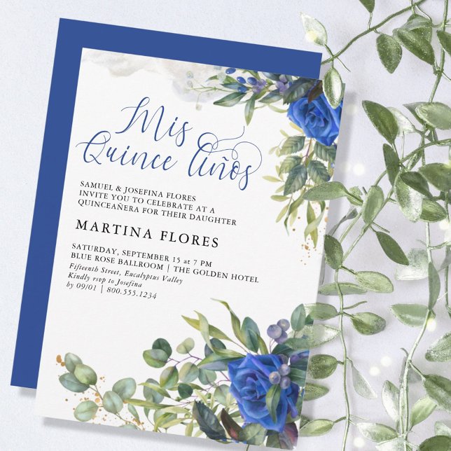 Blue Rose Eucalyptus Mis Quince Anos Quinceanera Invitation (Creator Uploaded)