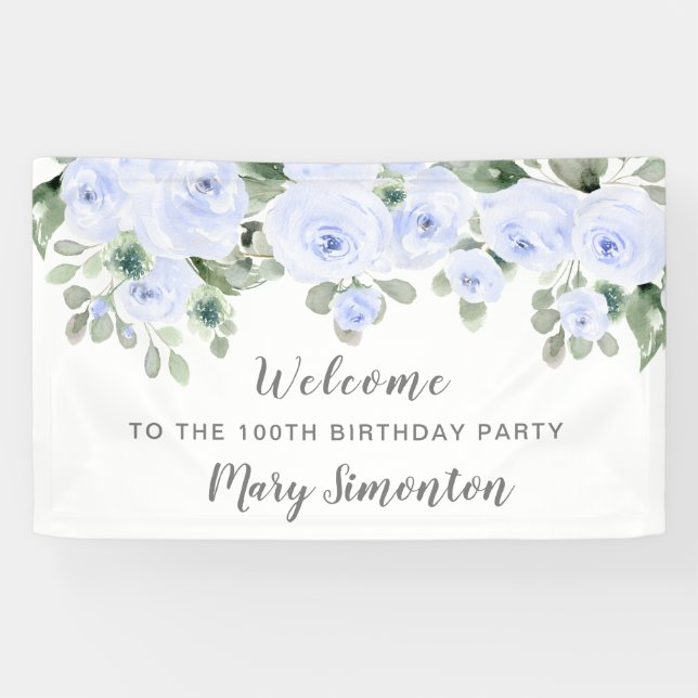 Blue Rose Floral 100 Birthday Party Welcome Banner (Horizontal)