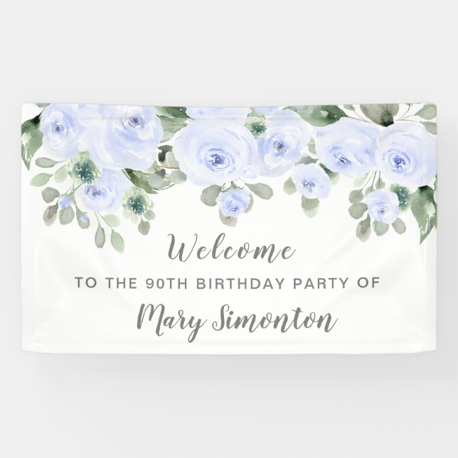 Blue Rose Floral 90 Birthday Party Welcome Banner (Horizontal)