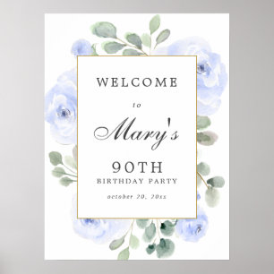 Blue Rose Floral 90th Birthday Welcome Sign