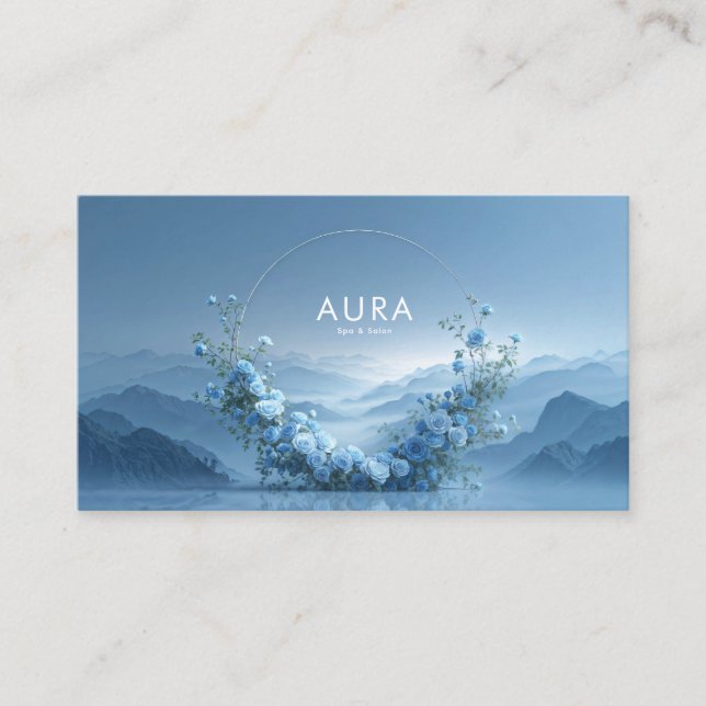 Blue Rose Floral Arch Misty Mountain Lake Business Card (Front)