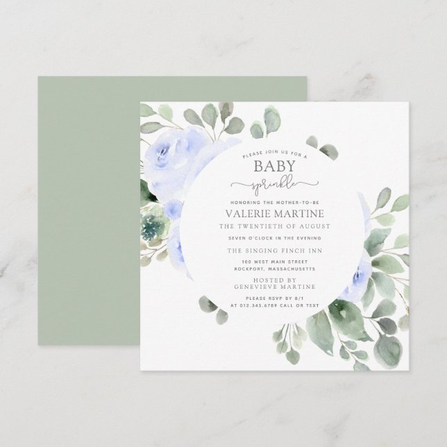 Blue Rose Floral Baby Sprinkle Invitation (Front/Back)
