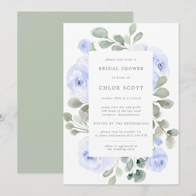 Blue Rose Floral Botanical Bridal Shower Invitation (Front/Back)