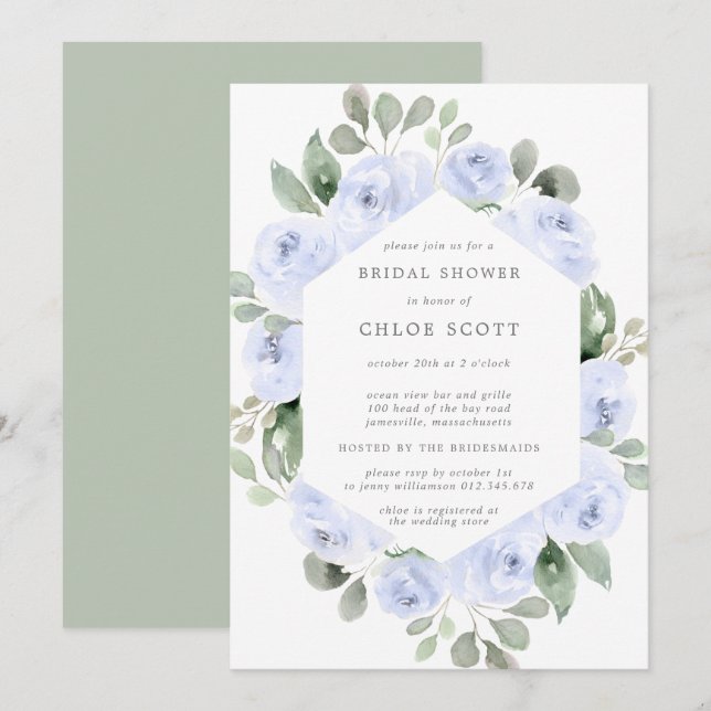 Blue Rose Floral Botanical Bridal Shower Invitation (Front/Back)