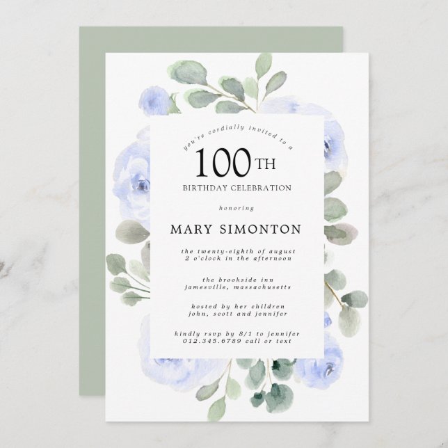  Blue Rose Floral Eucalyptus 100th Birthday Party Invitation (Front/Back)