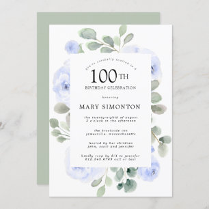  Blue Rose Floral Eucalyptus 100th Birthday Party Invitation