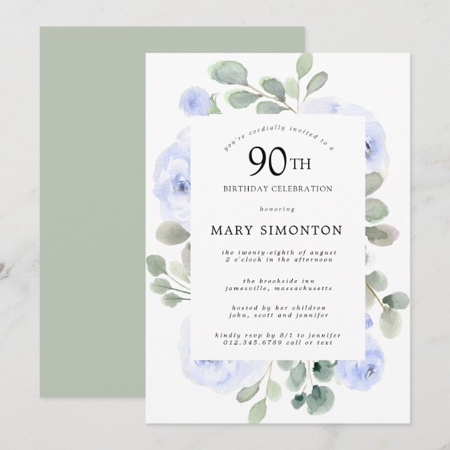  Blue Rose Floral Eucalyptus 90th Birthday Party Invitation (Front/Back)