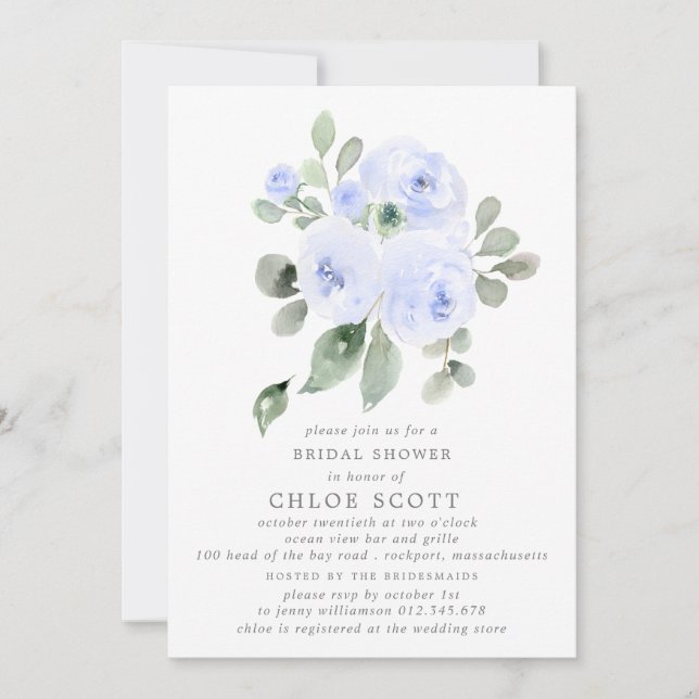 Blue Rose Floral Eucalyptus Bridal Shower Invitation (Front)