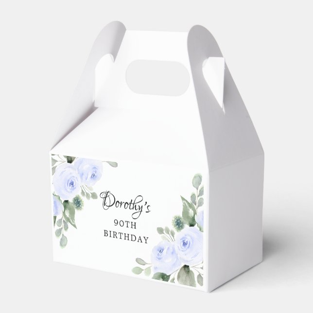 Blue Rose Floral Green Eucalyptus 90th Birthday Favour Box (Front Side)