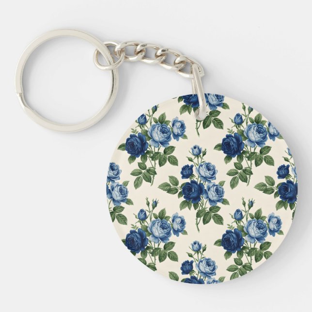 Blue Rose Floral Pattern Key Ring (Front)