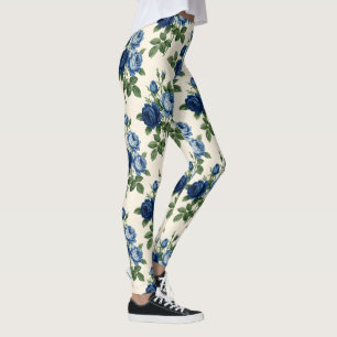 Blue Rose Floral Pattern Leggings