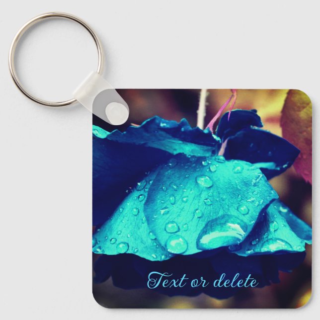 Blue Rose Flower Abstract Personalised Key Ring (Front)