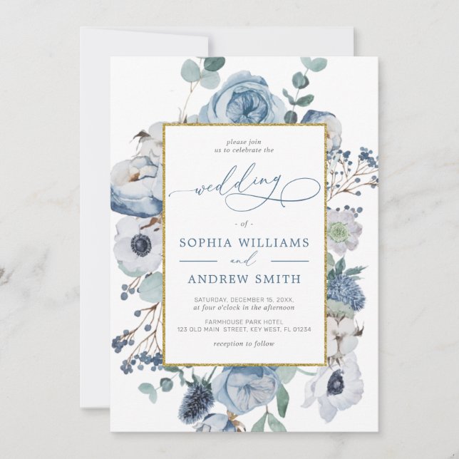 Blue Rose Flowers Wedding Invitation (Front)