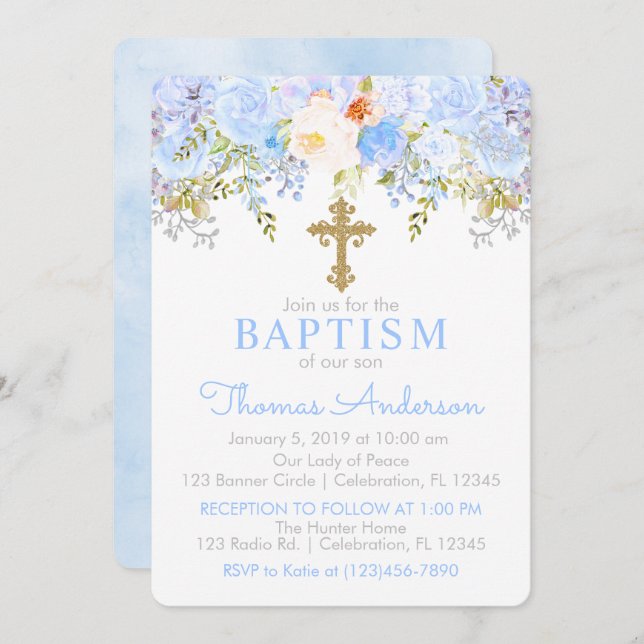 Blue Rose Garden Baptism Invitation (Front/Back)