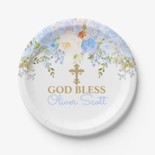 Blue Rose Garden Baptism Personalised Paper Plates