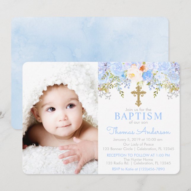 Blue Rose Garden Baptism Photo Invitation (Front/Back)