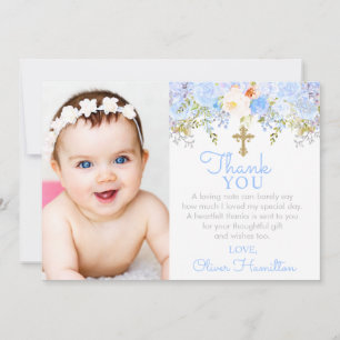 Blue Rose Garden Baptism Photo Thank You Card