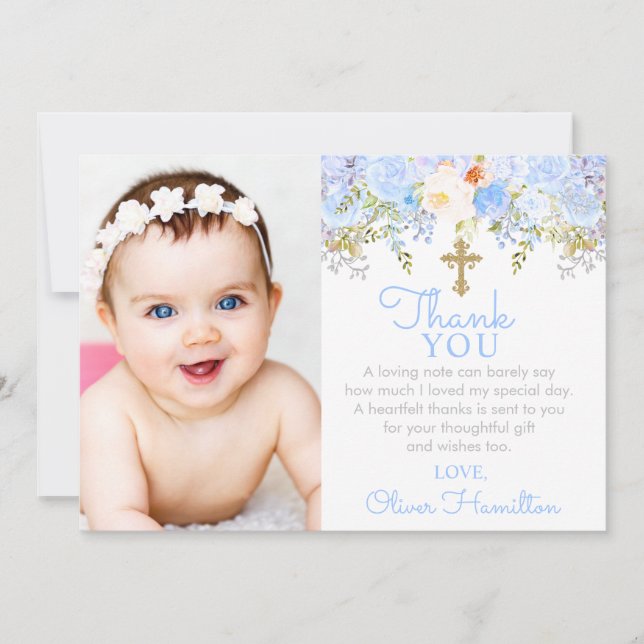 Blue Rose Garden Baptism Photo Thank You Card (Front)