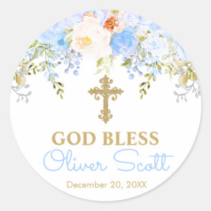Blue Rose Garden God Bless Baptism Favour Stickers