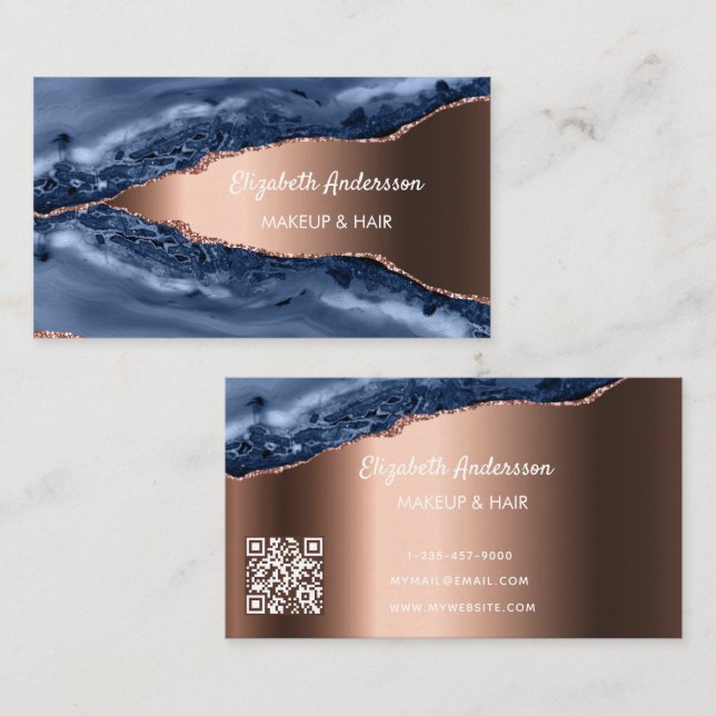 Blue rose gold agate marble elegant modern QR code Business Card (Front/Back)