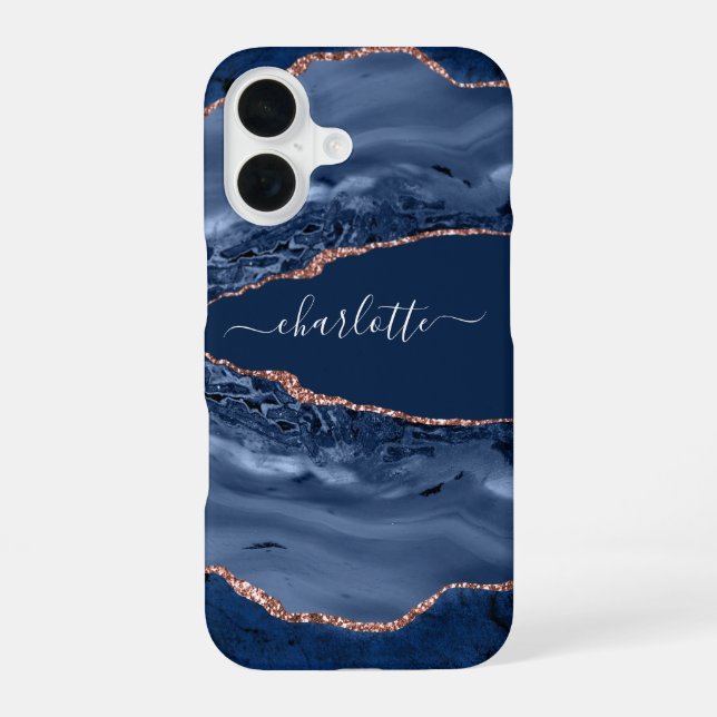 Blue rose gold agate marble name script iPhone 16 case (Back)