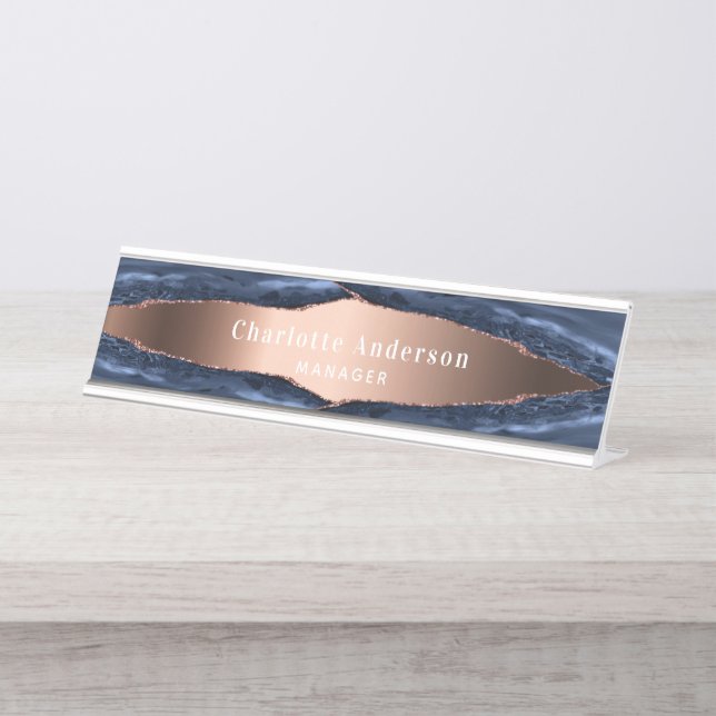 Blue rose gold agate marble name title desk name plate (Front)