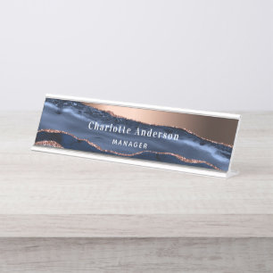 Blue rose gold agate marble name title desk name plate