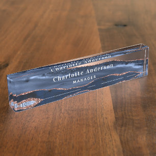 Blue rose gold agate marble name title nameplate