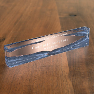 Blue rose gold agate marble name title nameplate