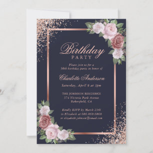 Blue Rose Gold Blush Pink Floral Birthday Party Invitation