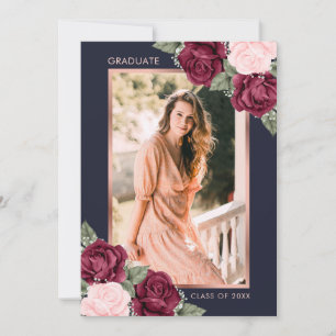 Blue Rose Gold Burgundy Floral Photo Graduation Announcement