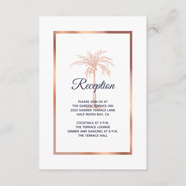 Blue Rose Gold Copper Palm Tree Wedding Reception Enclosure Card (Front)