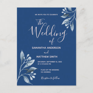 Blue rose gold floral foliage wedding invitation postcard