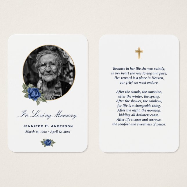 Blue Rose Gold Floral Memorial Cards (Front & Back)