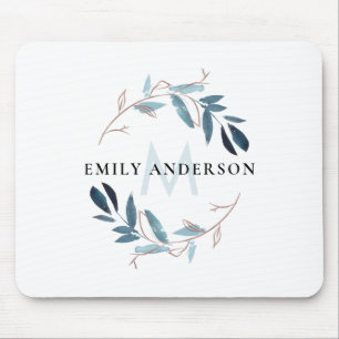 BLUE ROSE GOLD FOLIAGE WATERCOLOR WREATH MONOGRAM MOUSE MAT