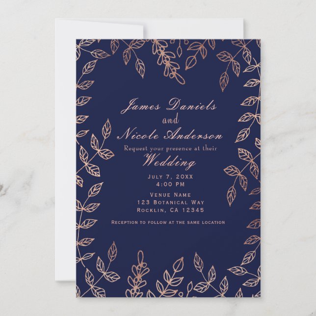 Blue & Rose Gold Glam Botanical Elegant Wedding Invitation (Front)