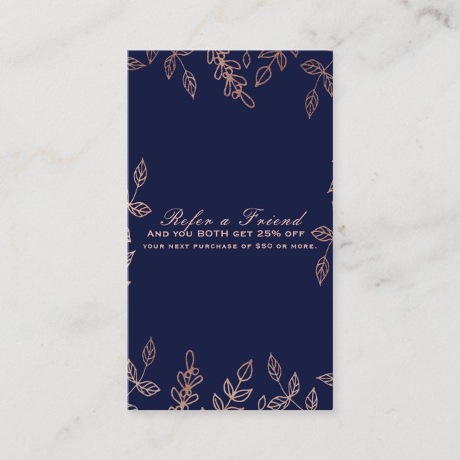 Blue & Rose Gold Glam Botanical Refer a Friend Referral Card (Front)