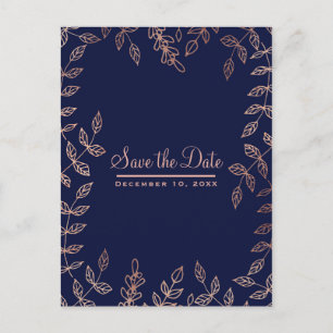 Blue & Rose Gold Glam Botanical Save the Date Announcement Postcard