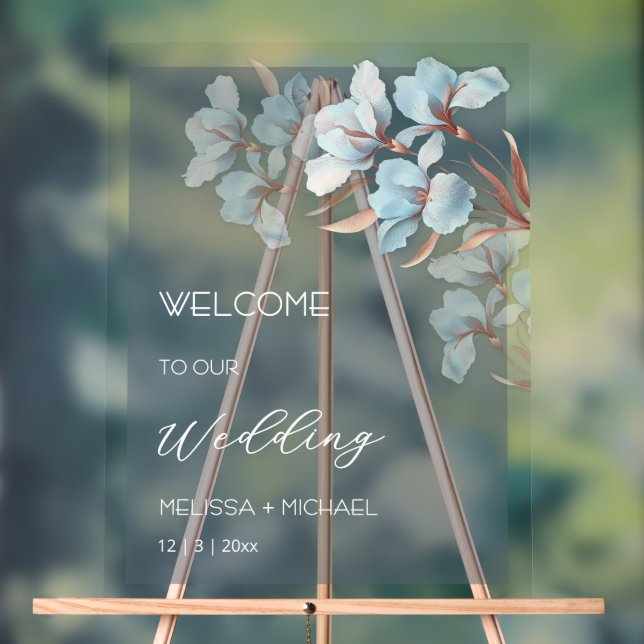 Blue  Rose Gold Layered Flowers Transparent Acrylic Sign (Neutral)