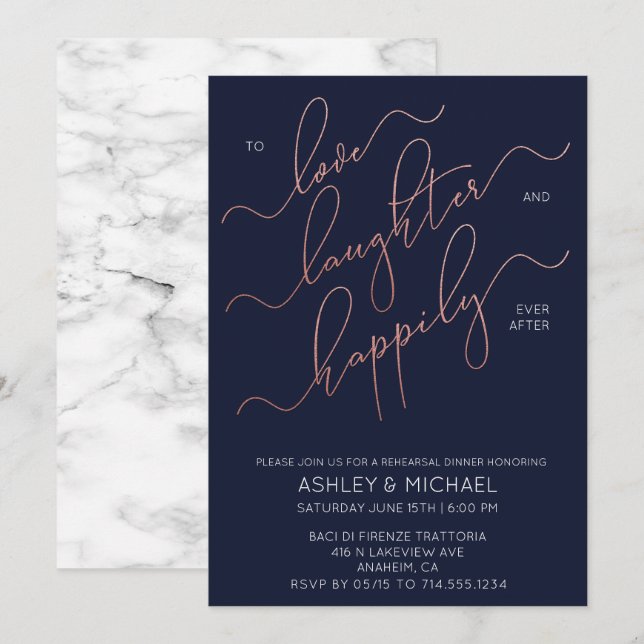 Blue Rose Gold Marble Rehearsal Dinner Invite (Front/Back)
