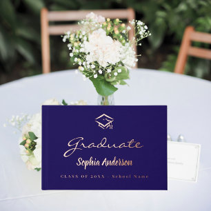 Blue rose gold name script cap Graduation Guest Book