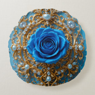 💙 Blue Rose Gold Ornament For Glam Home Decor 💙 Round Cushion
