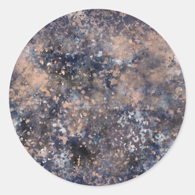 Blue & Rose Gold Paint Splatter Abstract Glamour Classic Round Sticker (Front)