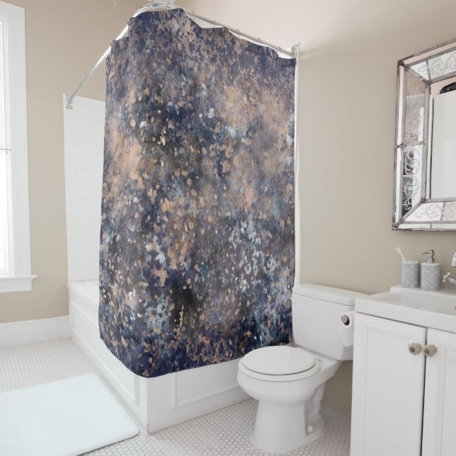 Blue & Rose Gold Paint Splatter Abstract Glamour Shower Curtain (In Situ)