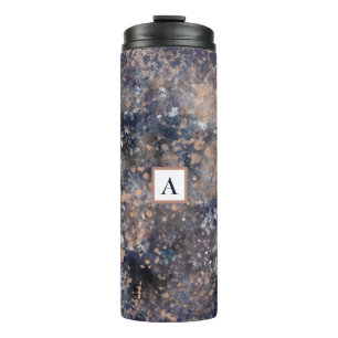 Blue & Rose Gold Paint Splatter Abstract Glamour Thermal Tumbler